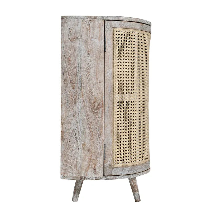 Meuble TV en bois courbé avec 2 portes en rotin et 3 tiroirs