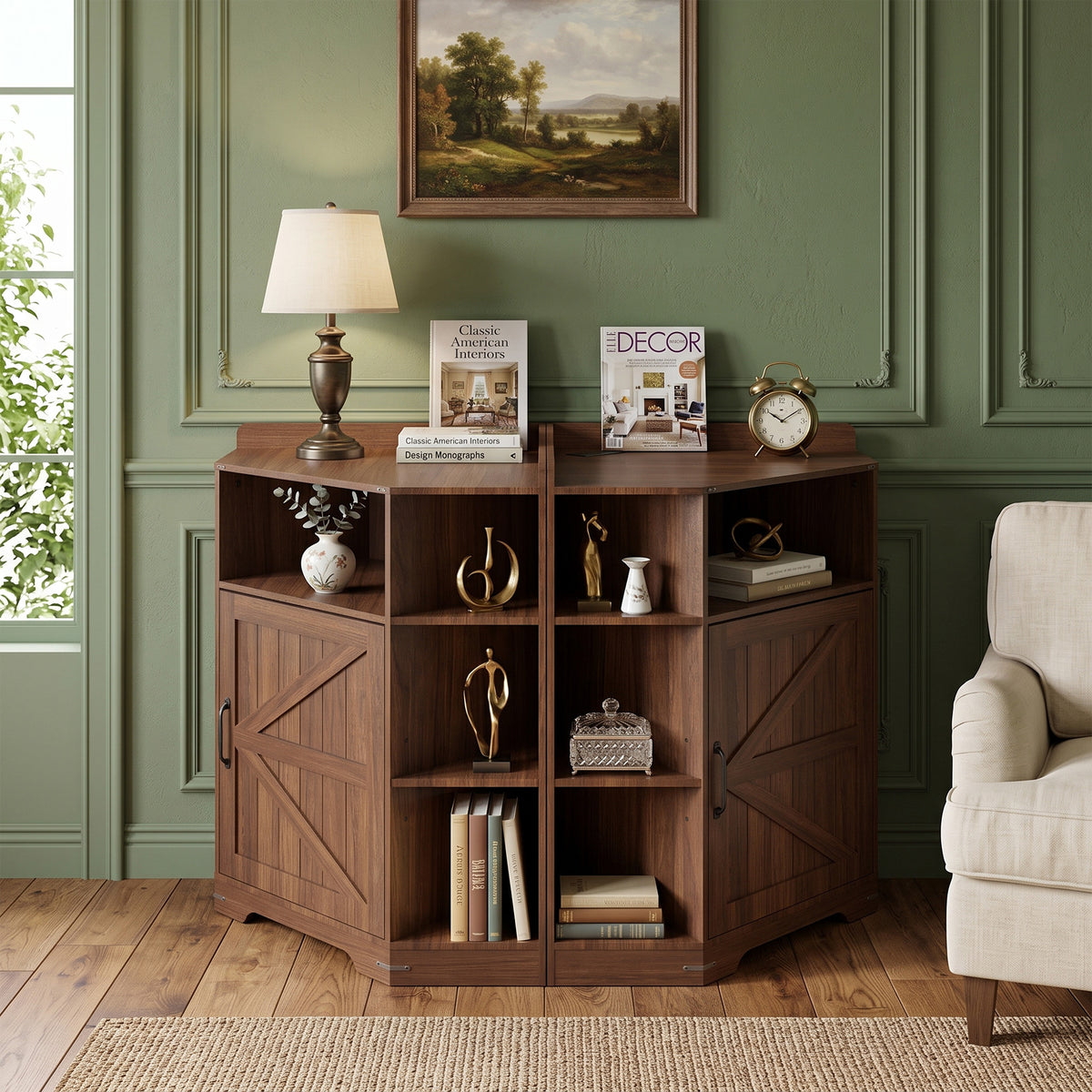 Walnut Corner Storage Cabinet with Charging Station and 6 Cubbies - Elirian