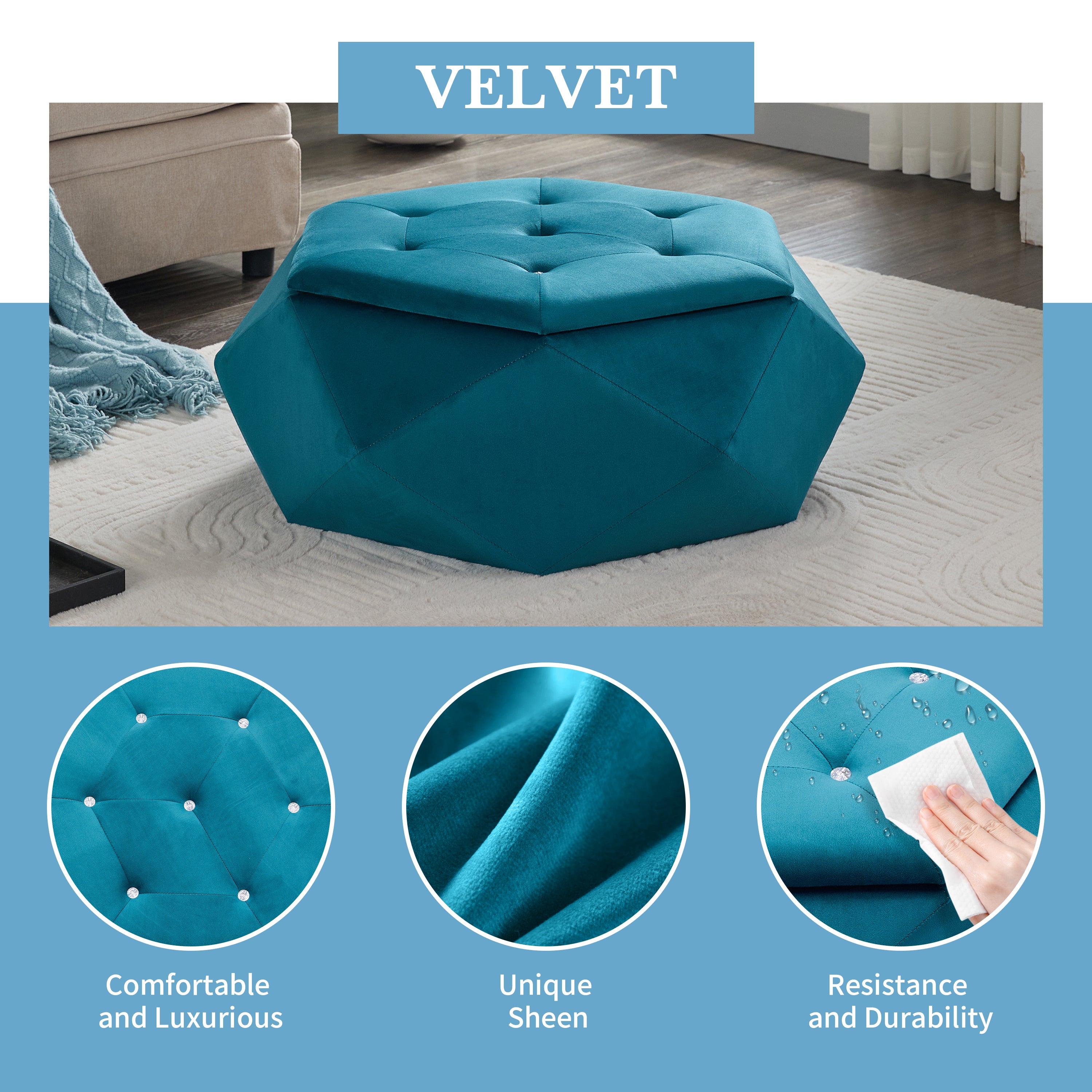 Velvet Diamond Tufted Storage Ottoman, Blue - Elirian
