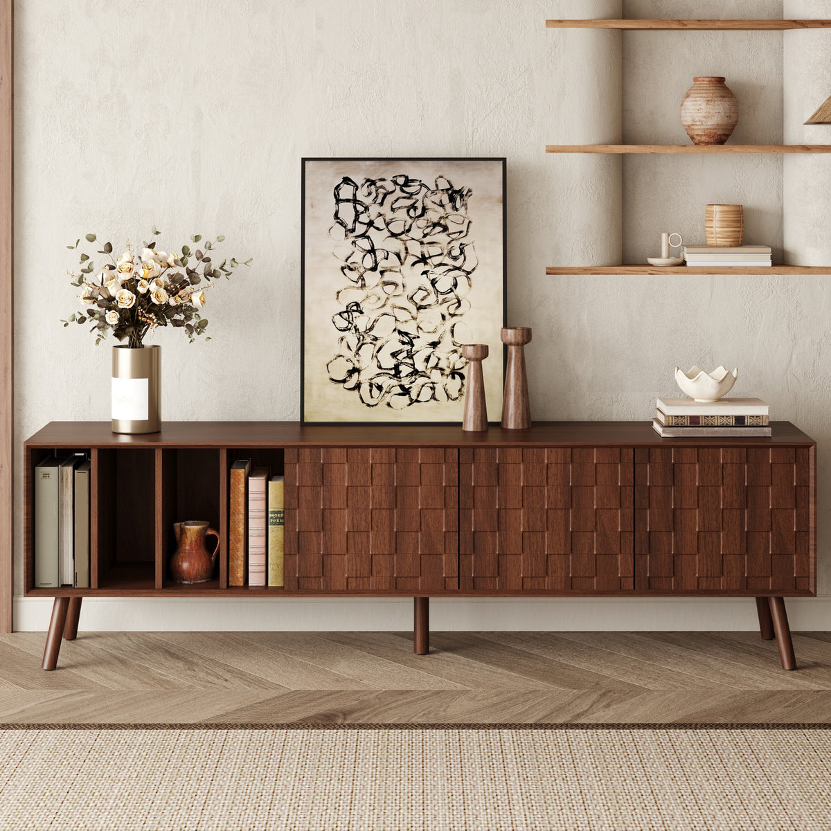 Walnut mid-century modern TV stand with solid wood legs and open shelving - Elirian