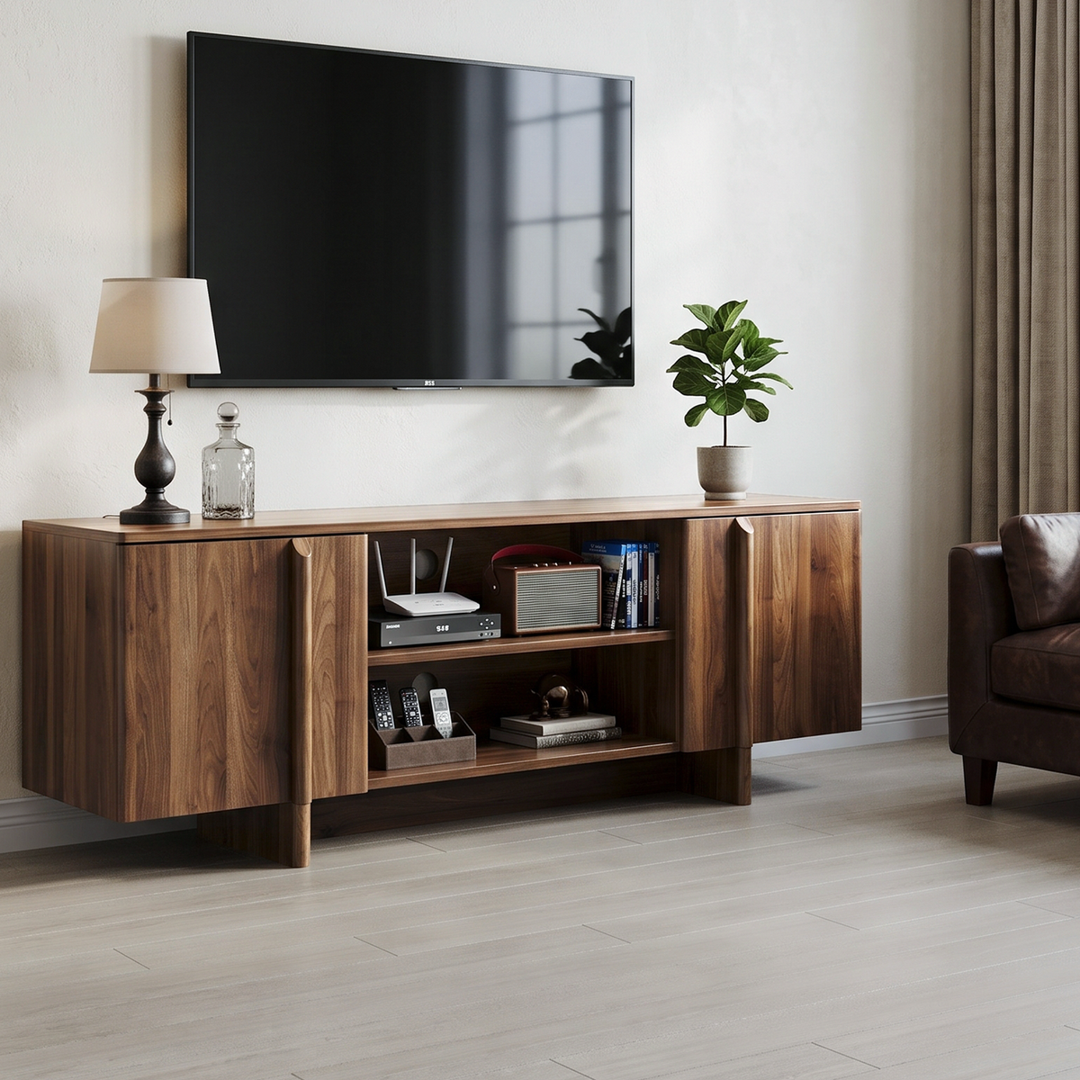 Mid-Century Walnut TV Stand with Double Doors and Open Shelving - Elirian