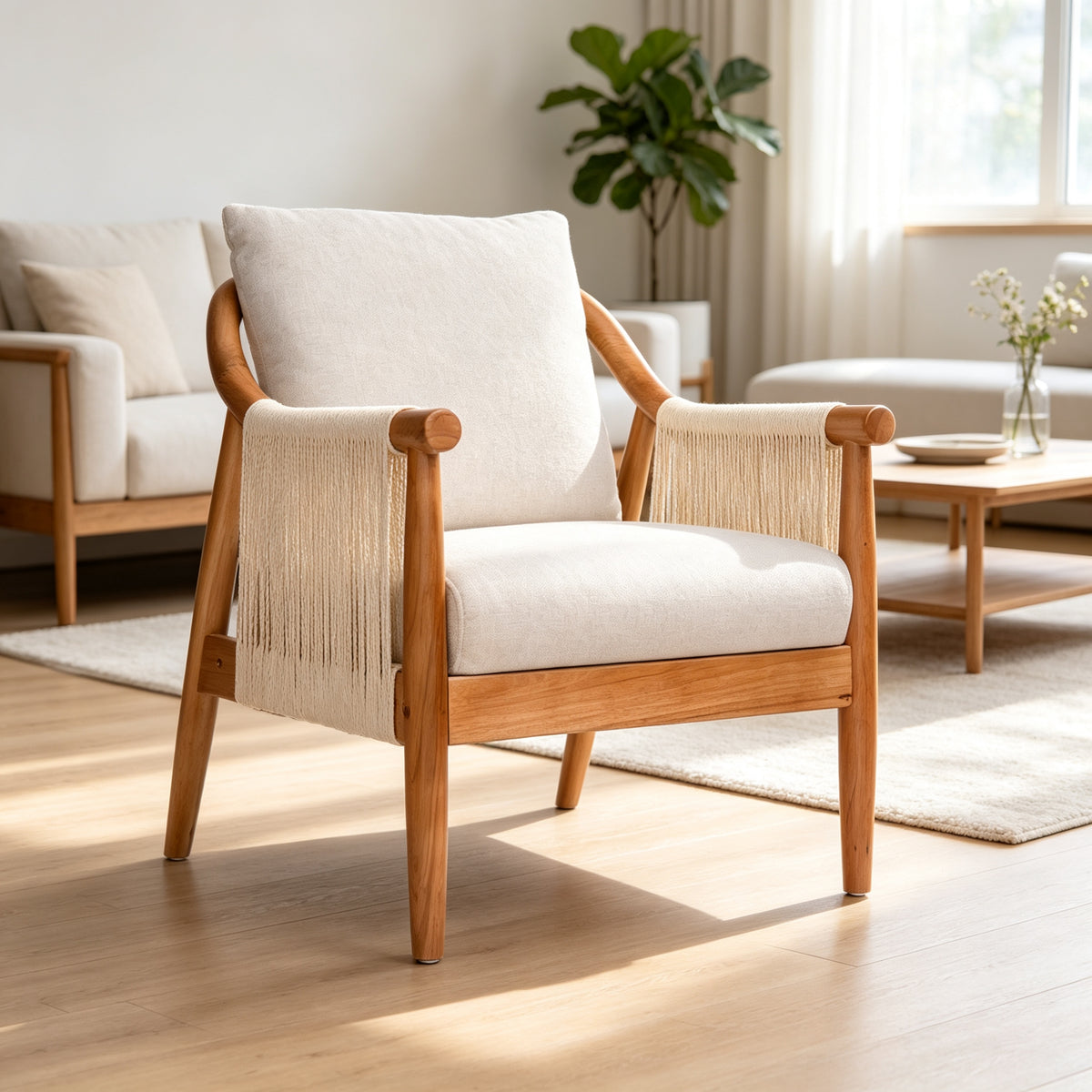 Mid-Century Accent Chair with Hand-Woven Paper Rope Arms and Linen-Blend Cushion - Elirian