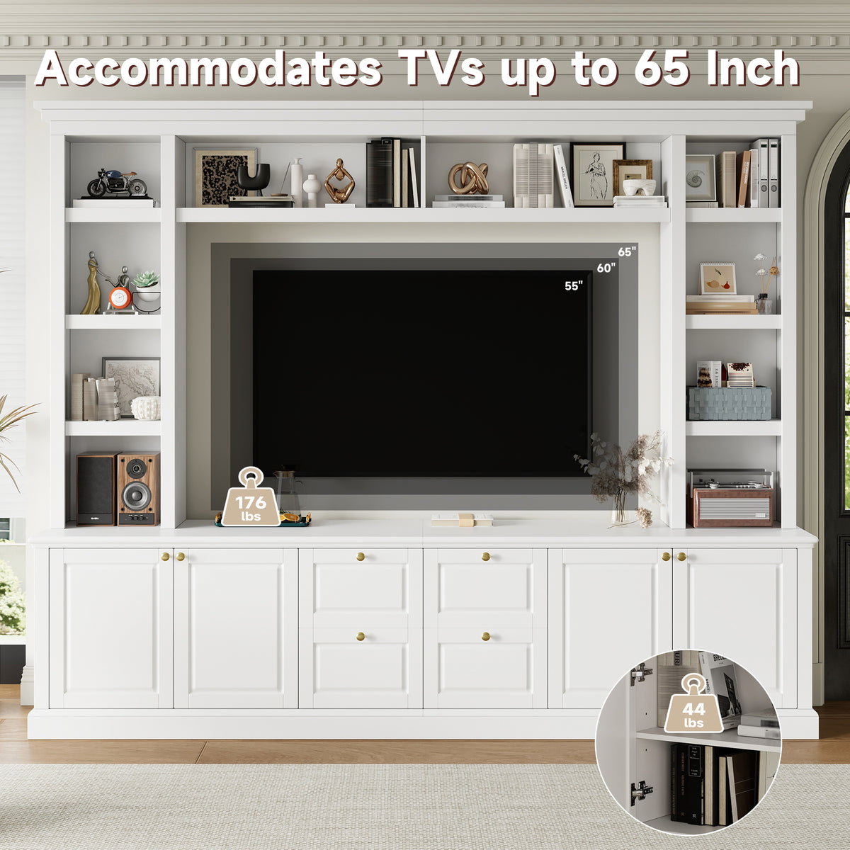 White Modern TV Stand with Bookcase for TVs up to 65 inch - Elirian