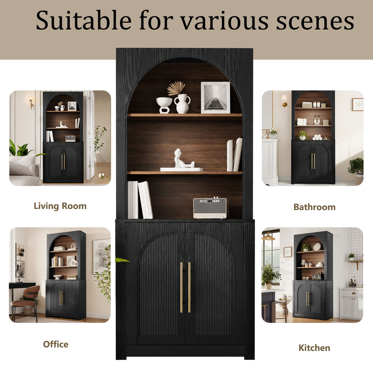 Black Arched Bookcase with Storage Cabinet and Open Display Shelves - Elirian