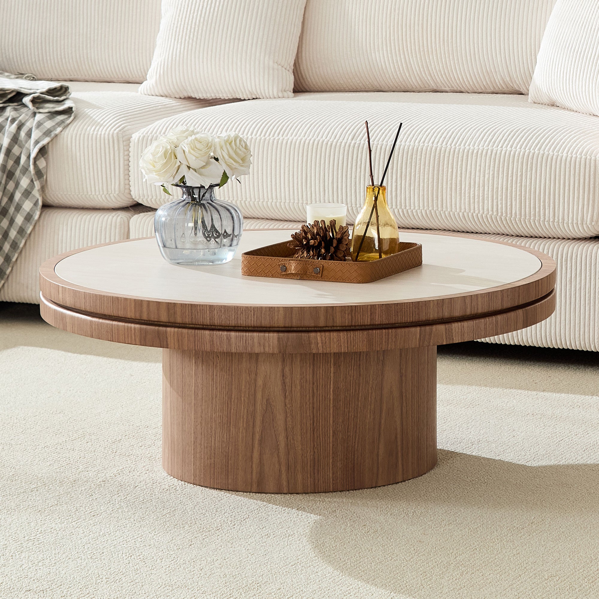 Sintered Stone Round Coffee Table with Walnut Pedestal Base - Elirian