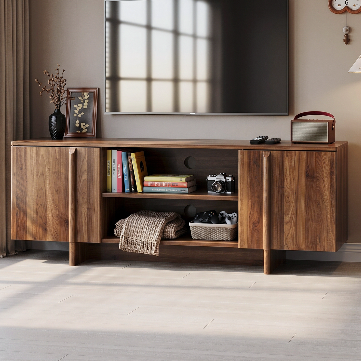 Mid-Century Walnut TV Stand with Double Doors and Open Shelving - Elirian