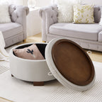 Round Bouclé Storage Ottoman with Reversible Tray Lid, Beige - Elirian