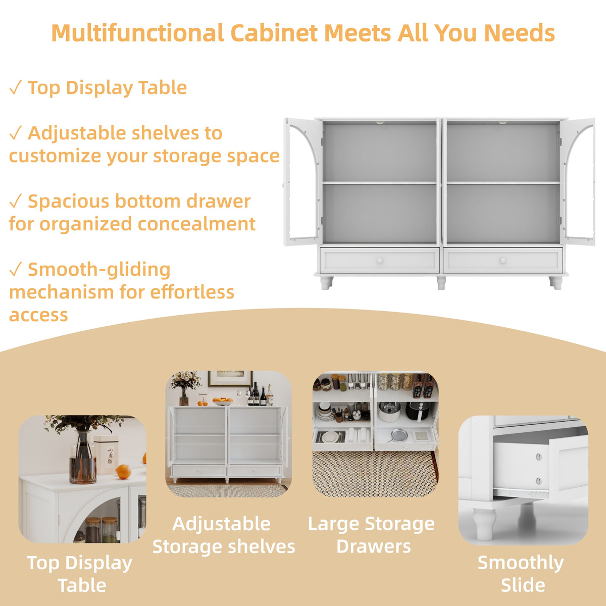 White Arched Glass Sideboard Buffet Cabinet with 2 Drawers and 4 Glass Doors - Elirian