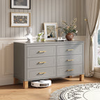 Gray 6-drawer dresser with gold metal handles and wooden legs - Elirian
