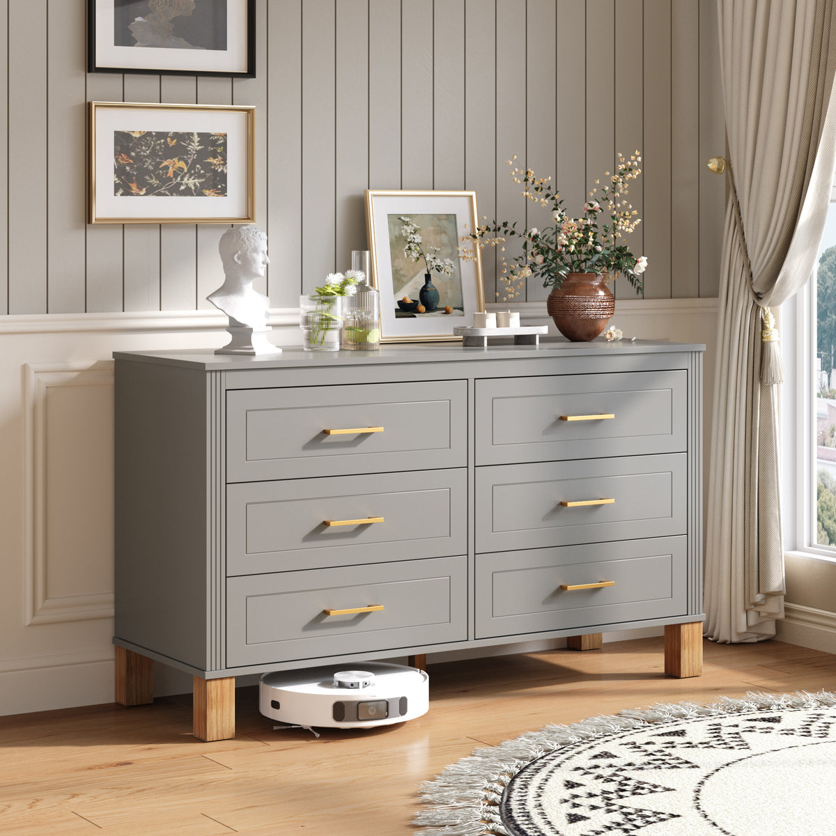 Gray 6-drawer dresser with gold metal handles and wooden legs - Elirian