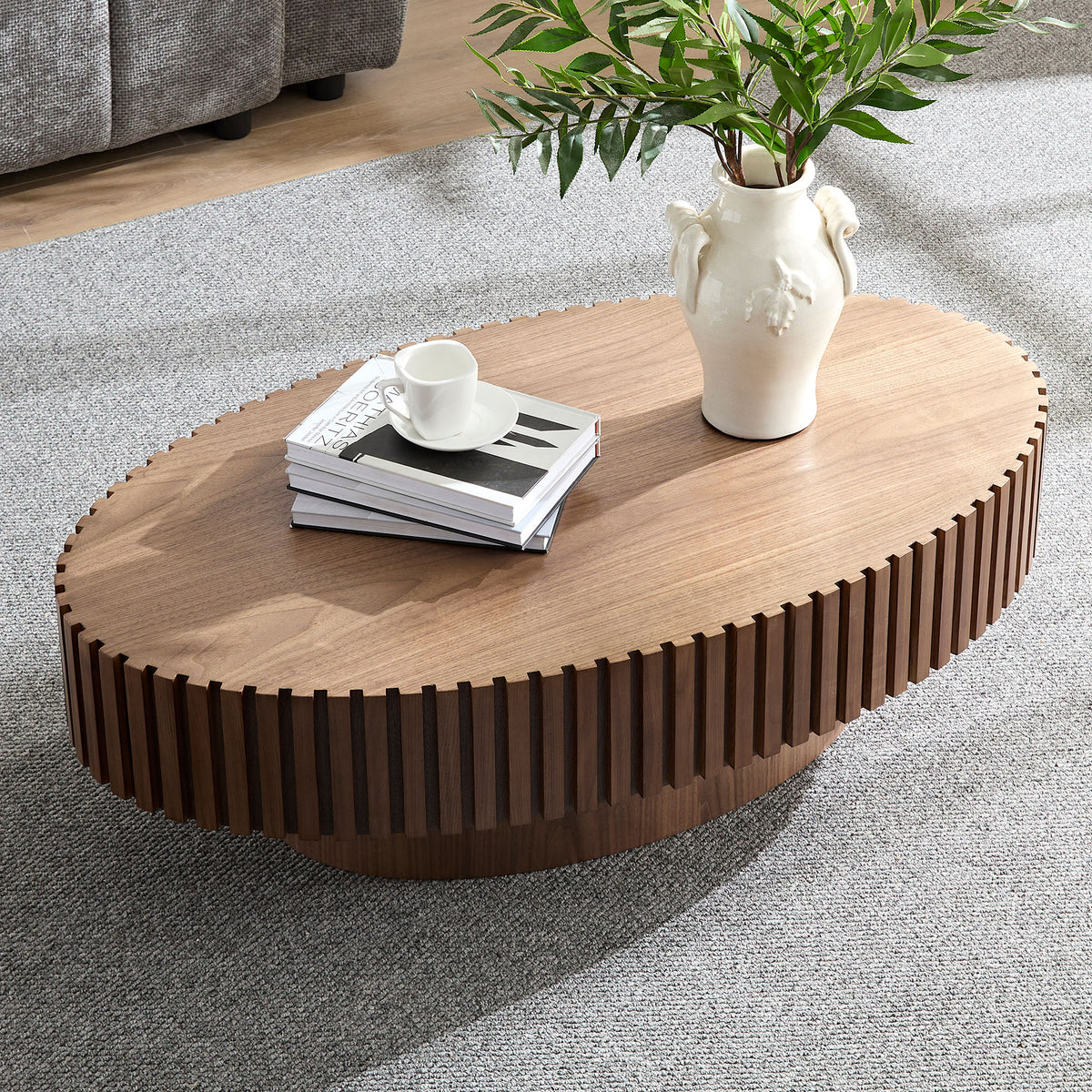 Handcrafted Oval Drum Coffee Table in Walnut - Elirian