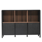 Black Fluted 3-Door Storage Cabinet with Open Display Shelves - Elirian