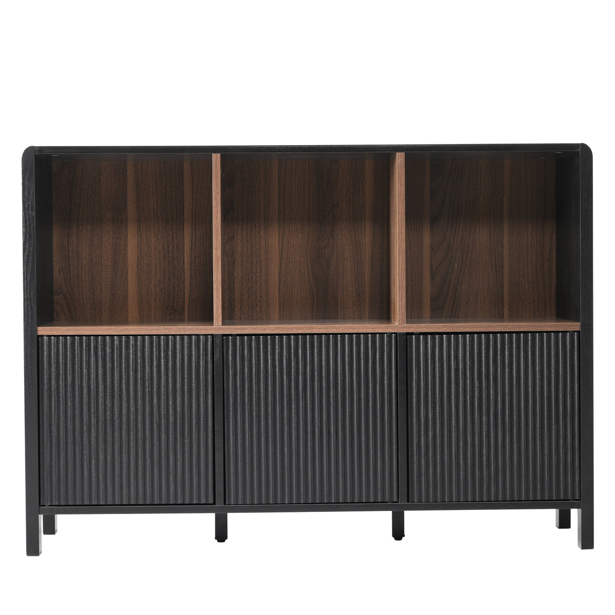 Black Fluted 3-Door Storage Cabinet with Open Display Shelves - Elirian