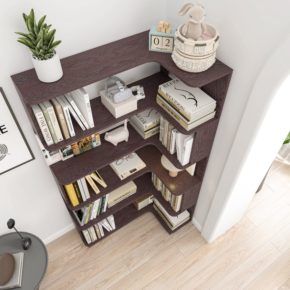 Freestanding Corner Bookshelf in Ox Blood Red with Open Display Shelves - Elirian