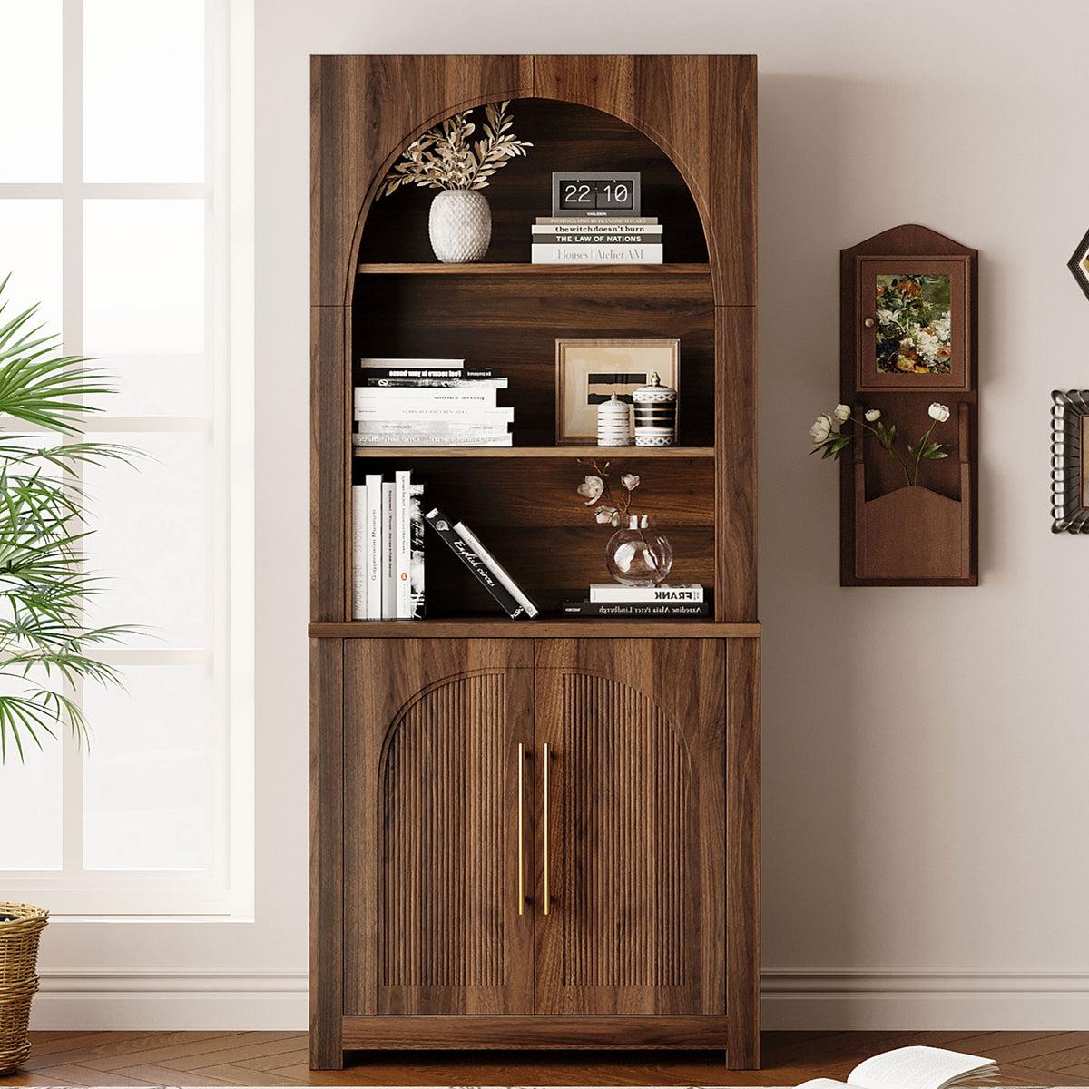 Walnut arched bookcase with open shelves and lower storage cabinet - Elirian