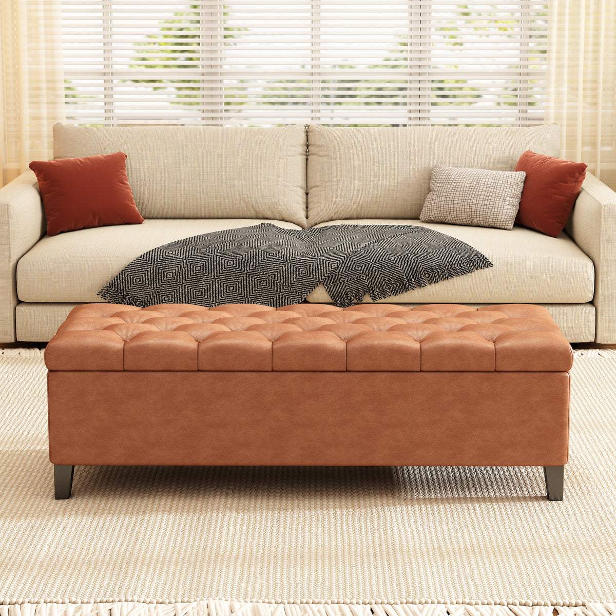 Cognac Brown Button Tufted Storage Ottoman in Faux Leather - Elirian