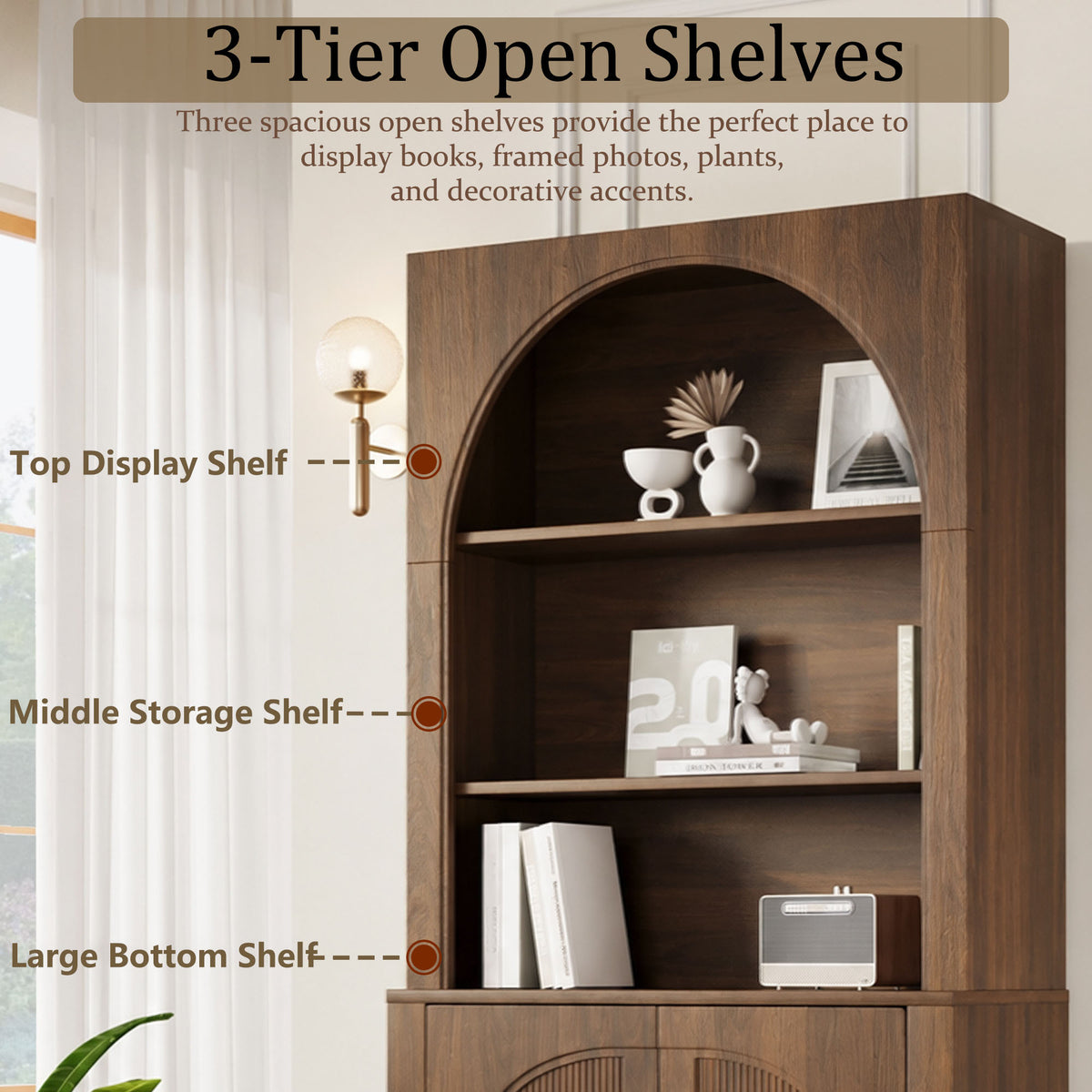 Walnut Arched Bookcase with Storage Cabinet and Open Display Shelves - Elirian