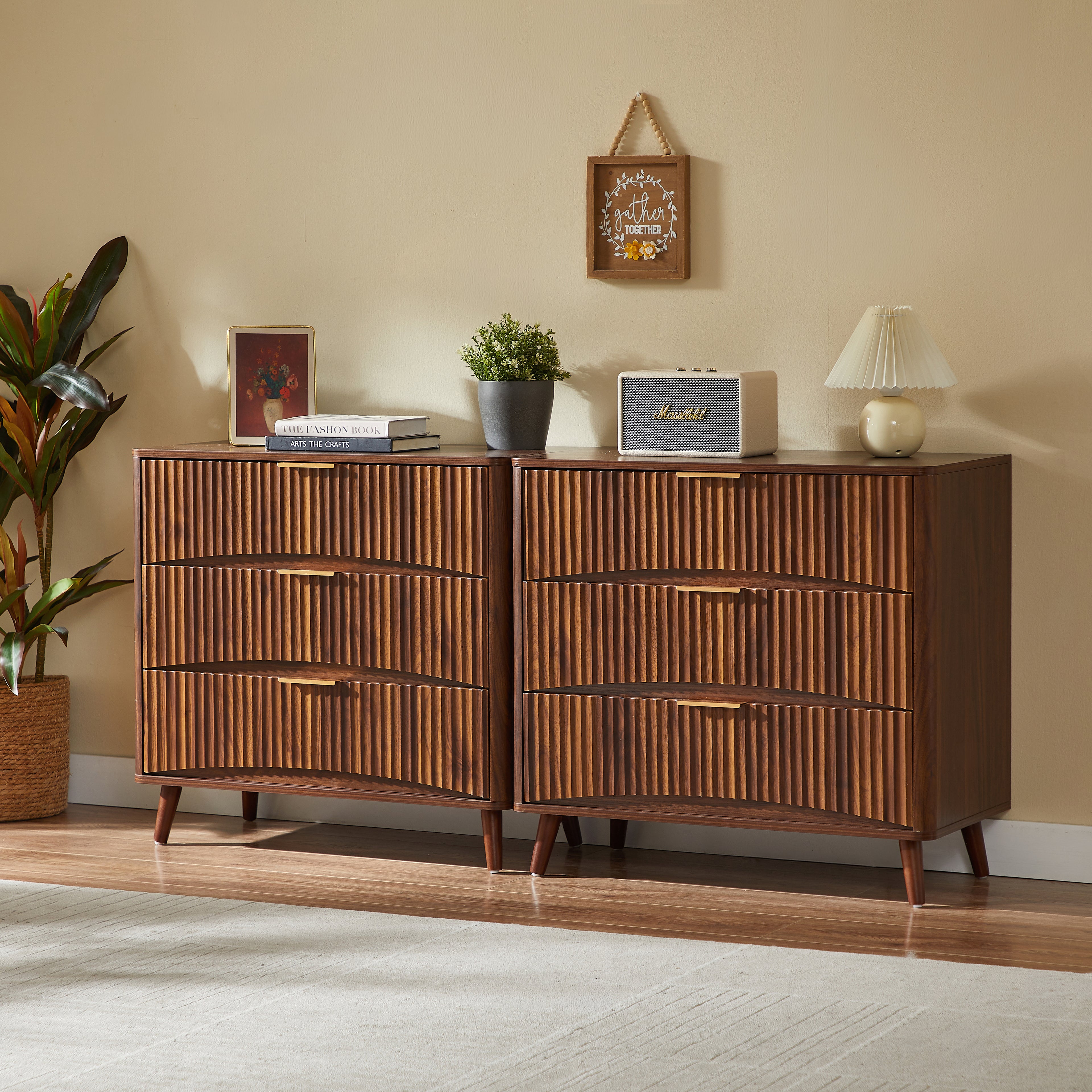 Fluted Walnut 3-Drawer Dresser, Set of 2 - Elirian