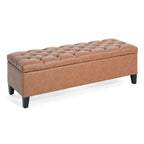 Cognac Brown Button Tufted Storage Ottoman in Faux Leather - Elirian