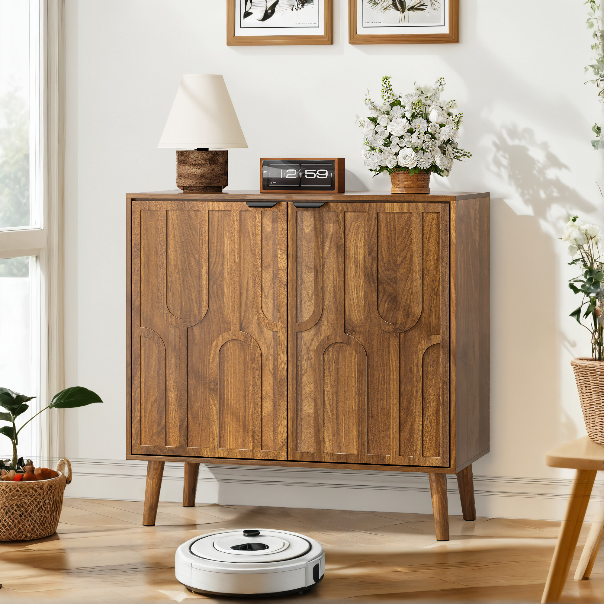 Farmhouse Walnut Sideboard Buffet Cabinet with Slatted Doors, 31.5" W - Elirian
