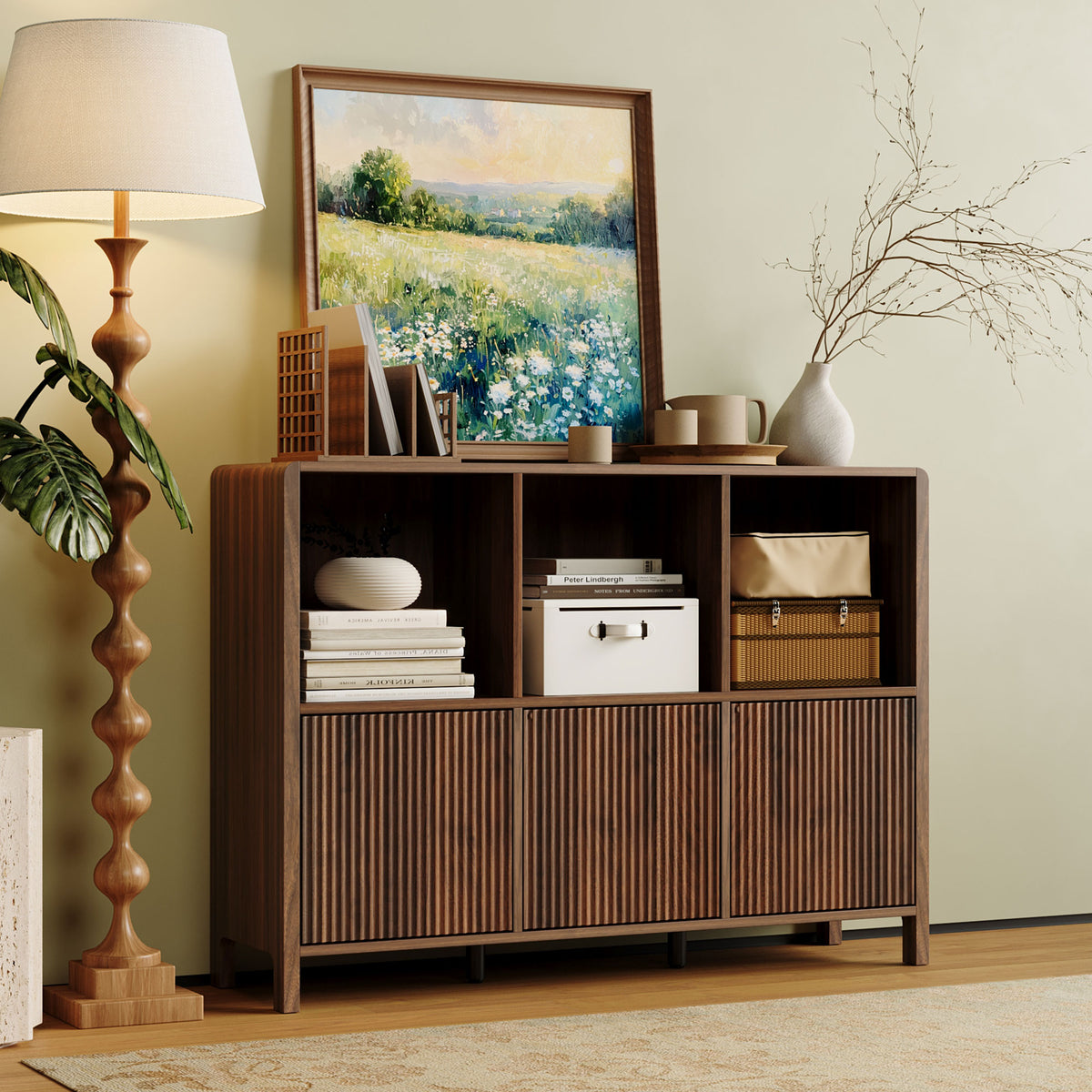 Walnut Fluted 3-Door Storage Cabinet with Open Display Shelves - Elirian