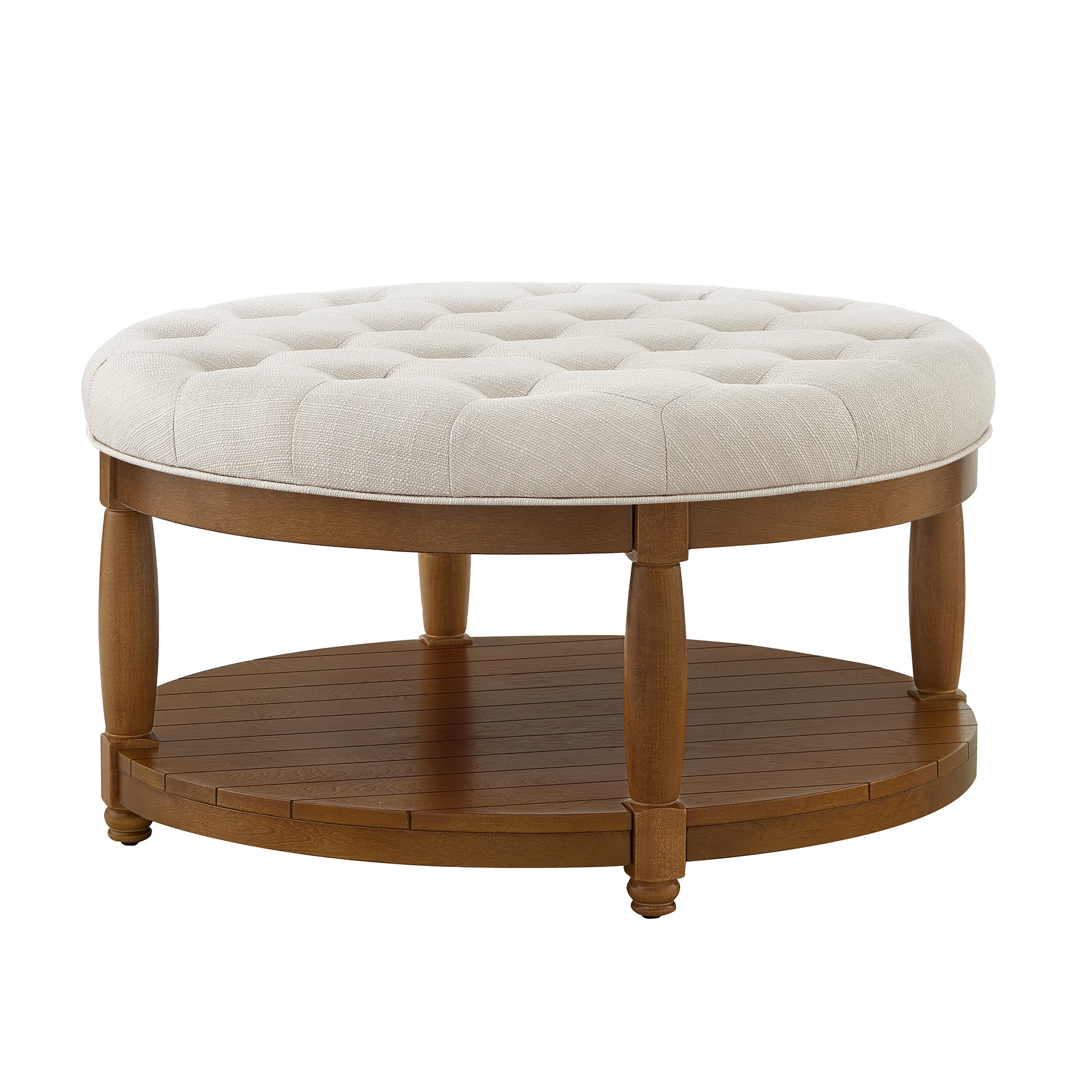 Round Tufted Linen Storage Ottoman Coffee Table, Ivory - Elirian