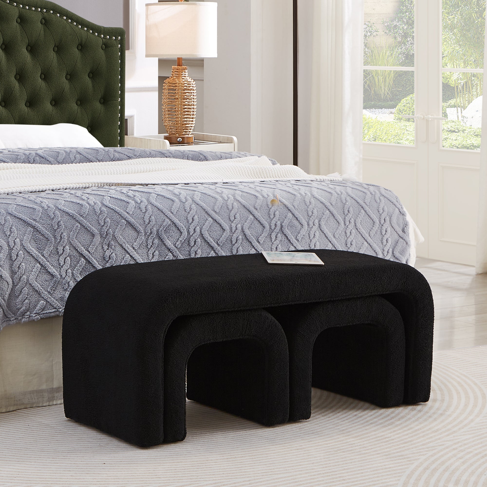 U-Shaped Teddy Ottoman Bench Set of 3, Black - Elirian
