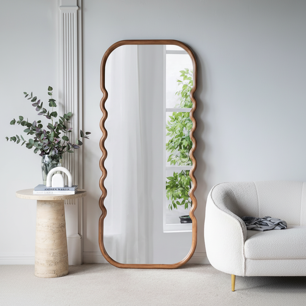 74" Brown Wood Wavy Full-Length Freestanding Floor Mirror