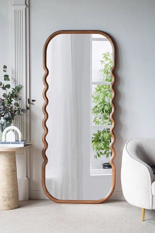 74" Brown Wood Wavy Full-Length Freestanding Floor Mirror
