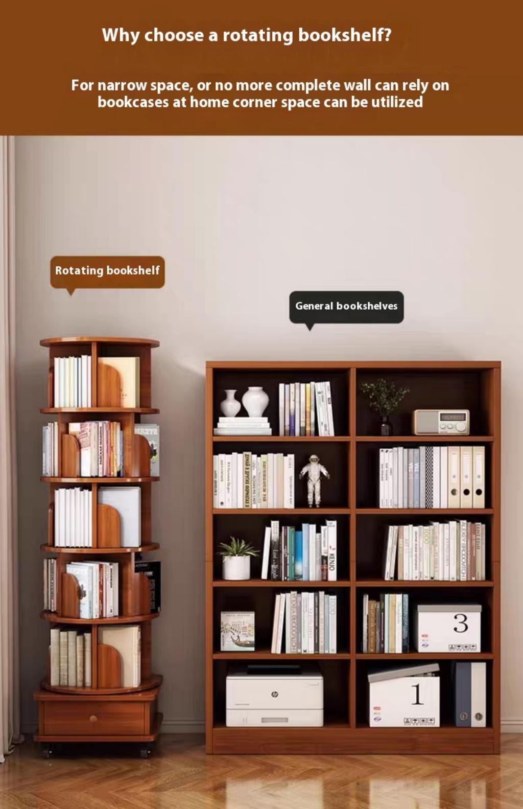 Rotating Corner Bookshelf, 6-Tier Walnut Brown Spinning Bookcase - Elirian