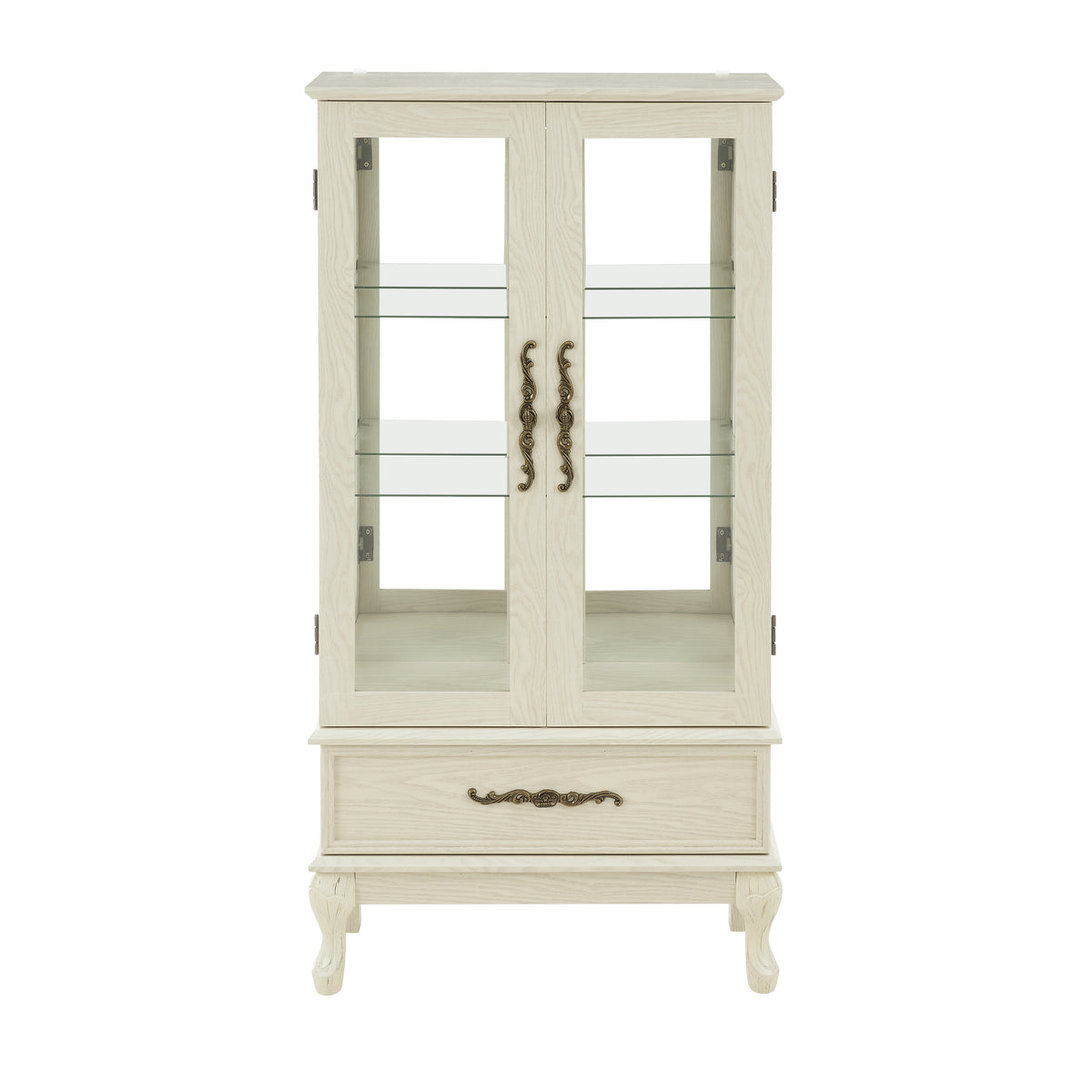 Antique White Lighted Curio Cabinet with Glass Doors and Adjustable Shelves - Elirian