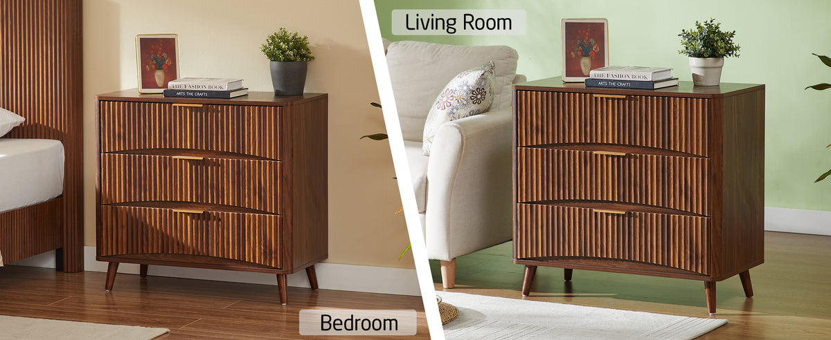 Fluted Walnut 3-Drawer Dresser, Set of 2 - Elirian