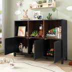 Black Fluted 3-Door Storage Cabinet with Open Display Shelves - Elirian