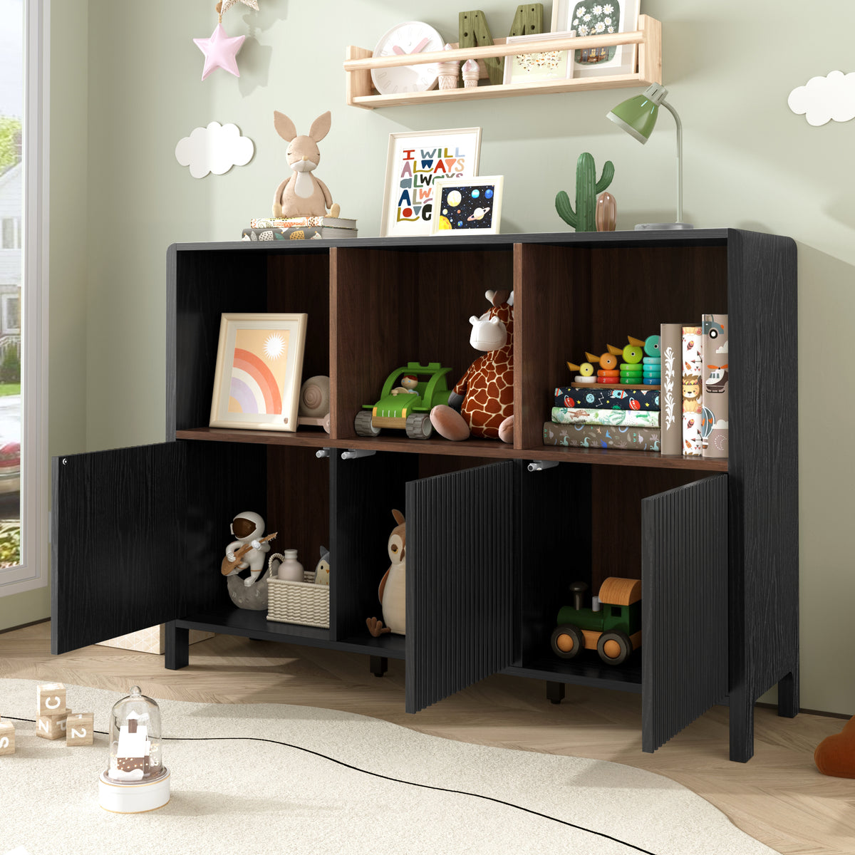 Black Fluted 3-Door Storage Cabinet with Open Display Shelves - Elirian