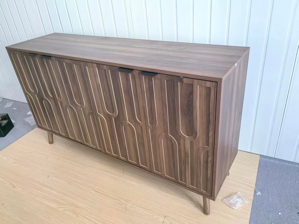 Walnut mid-century modern sideboard with geometric paperclip door design - Elirian