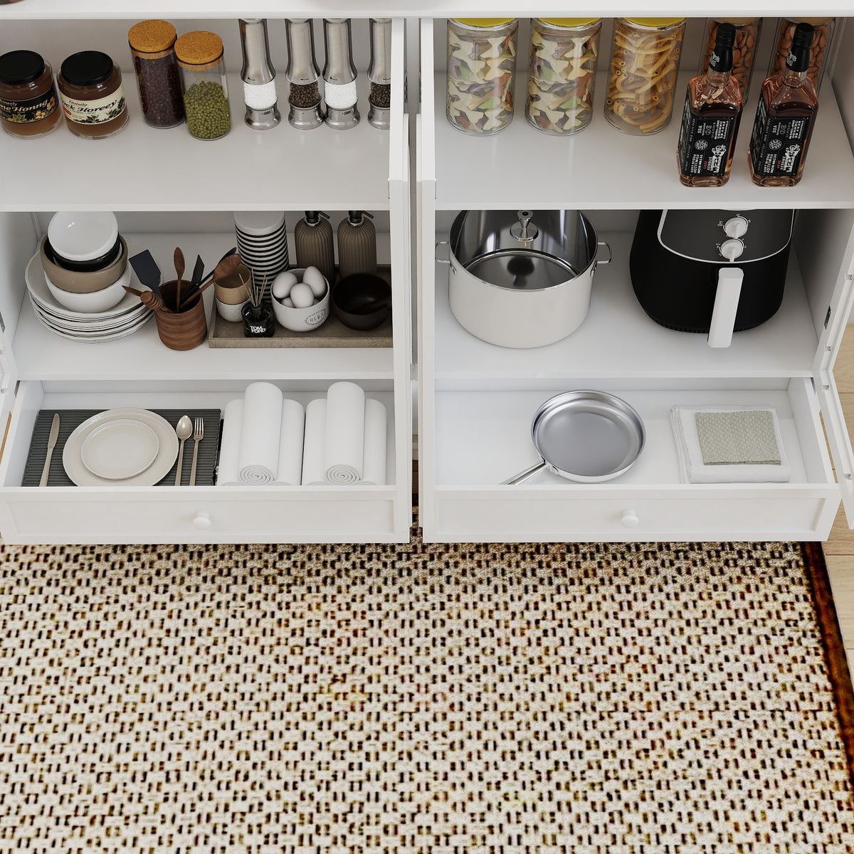 White Arched Glass Sideboard Buffet Cabinet with 2 Drawers and 4 Glass Doors - Elirian