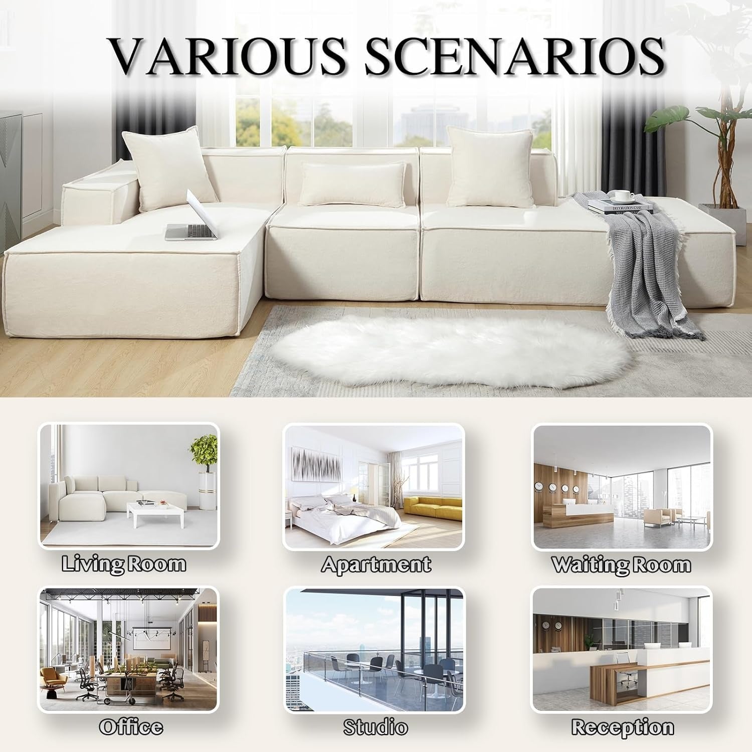 Modern beige L-shaped sectional sofa with tofu block design and left-hand chaise lounge - Elirian