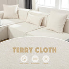 Modern beige L-shaped sectional sofa with soft terry cloth upholstery and cushions - Elirian
