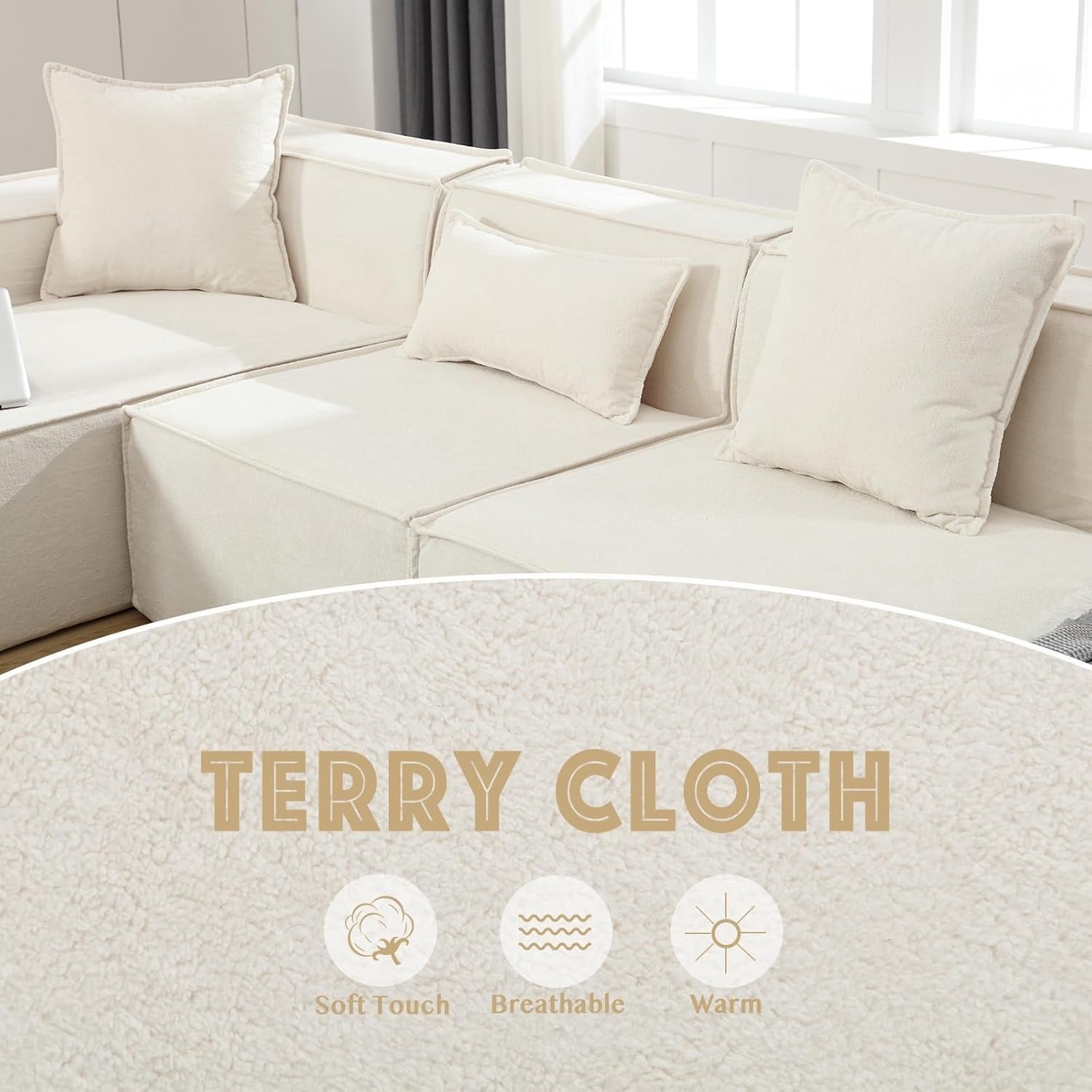 Modern beige L-shaped sectional sofa with soft terry cloth upholstery and cushions - Elirian
