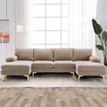 Canapé d'angle moderne en forme de U couleur camel avec méridienne et pieds en métal doré