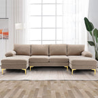 Canapé d'angle moderne en forme de U couleur camel avec méridienne et pieds en métal doré