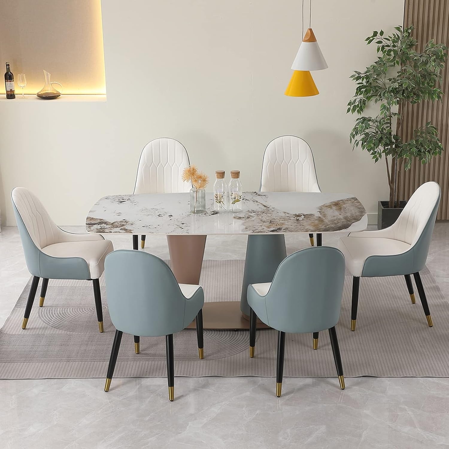 Rectangle Sintered Stone Dining Table with Champagne & Blue Cone Pedestal Base