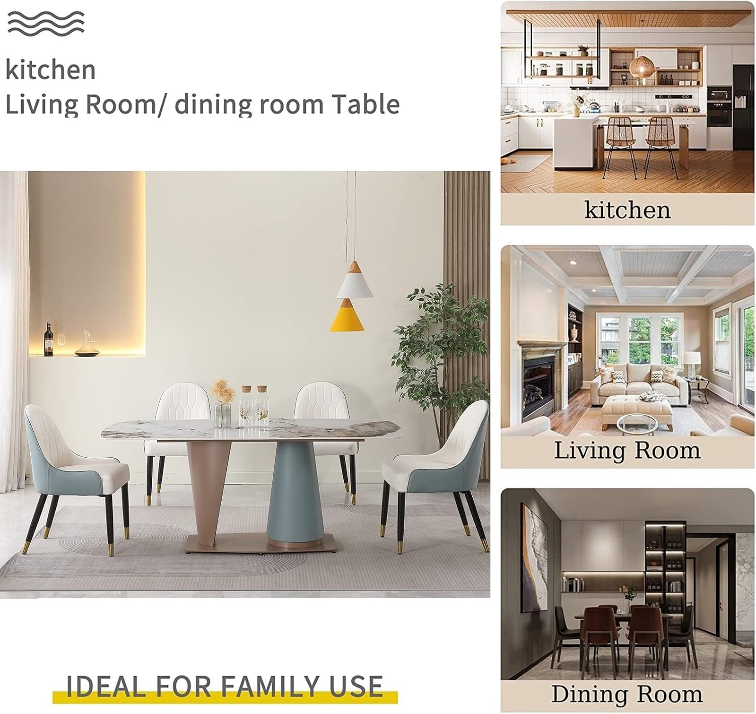 Table de salle à manger rectangulaire en pierre frittée avec pied central conique champagne et bleu