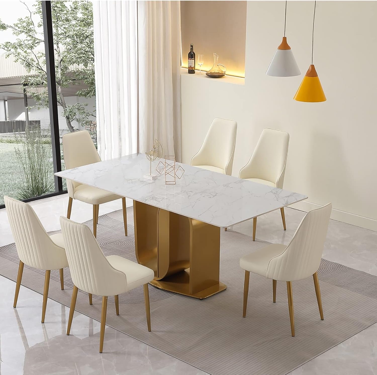 Rectangle Sintered Stone Dining Table with Gold U-Shaped Pedestal Base