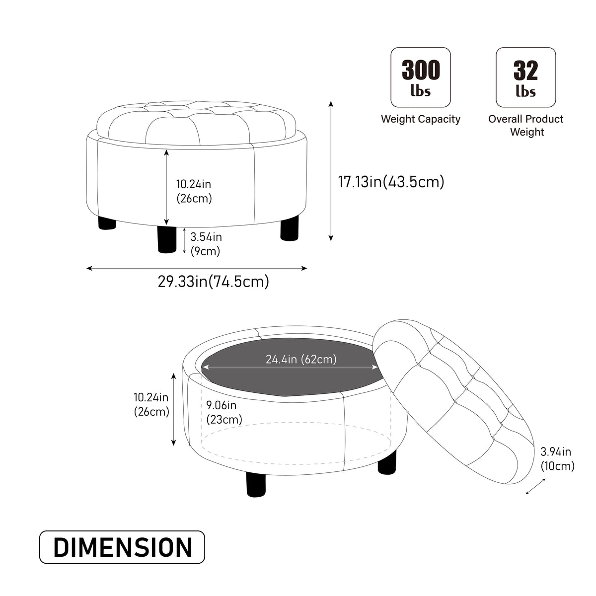 Round Storage Ottoman with Reversible Lid, Blue Fleece - Elirian