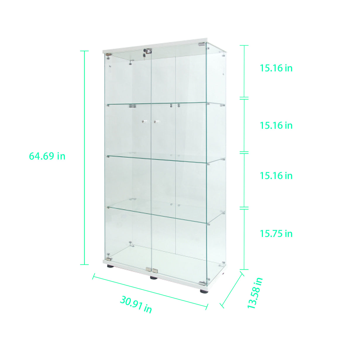 White tempered glass display cabinet with shelving and lockable doors - Elirian