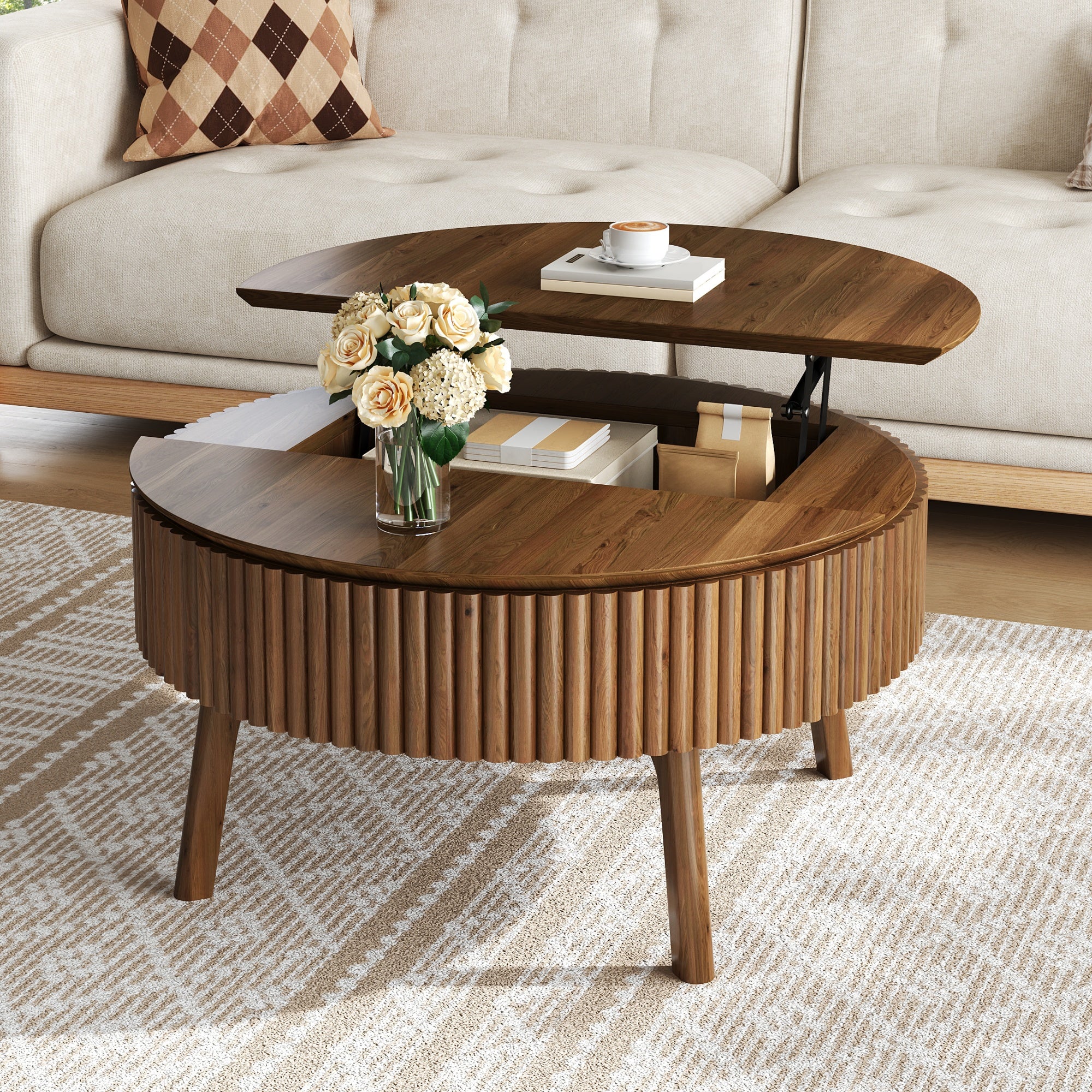 Walnut Round Lift-Top Coffee Table with Fluted Base - Elirian