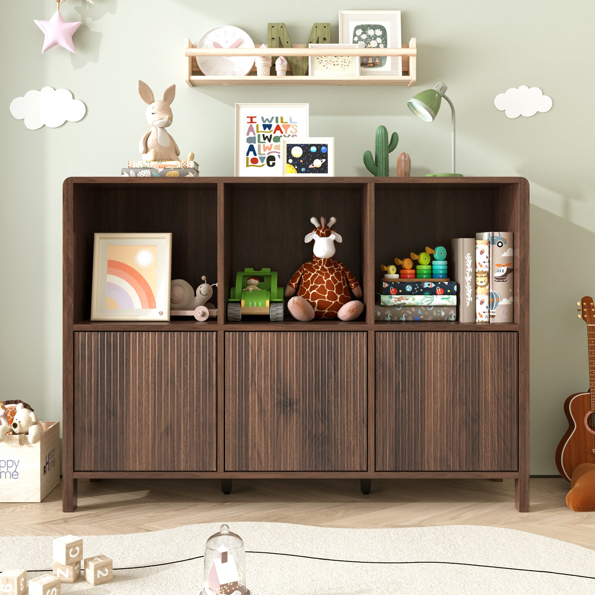Walnut Fluted 3-Door Storage Cabinet with Open Display Shelves - Elirian