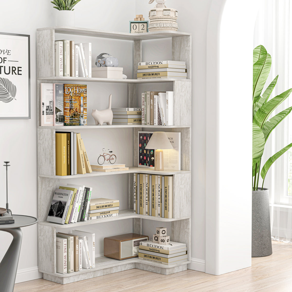 Light gray corner bookshelf with open shelving displaying books and home decor accessories - Elirian