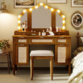 Hollywood Vanity Desk & Stool Set with Tri-Fold Mirror, Espresso - Elirian